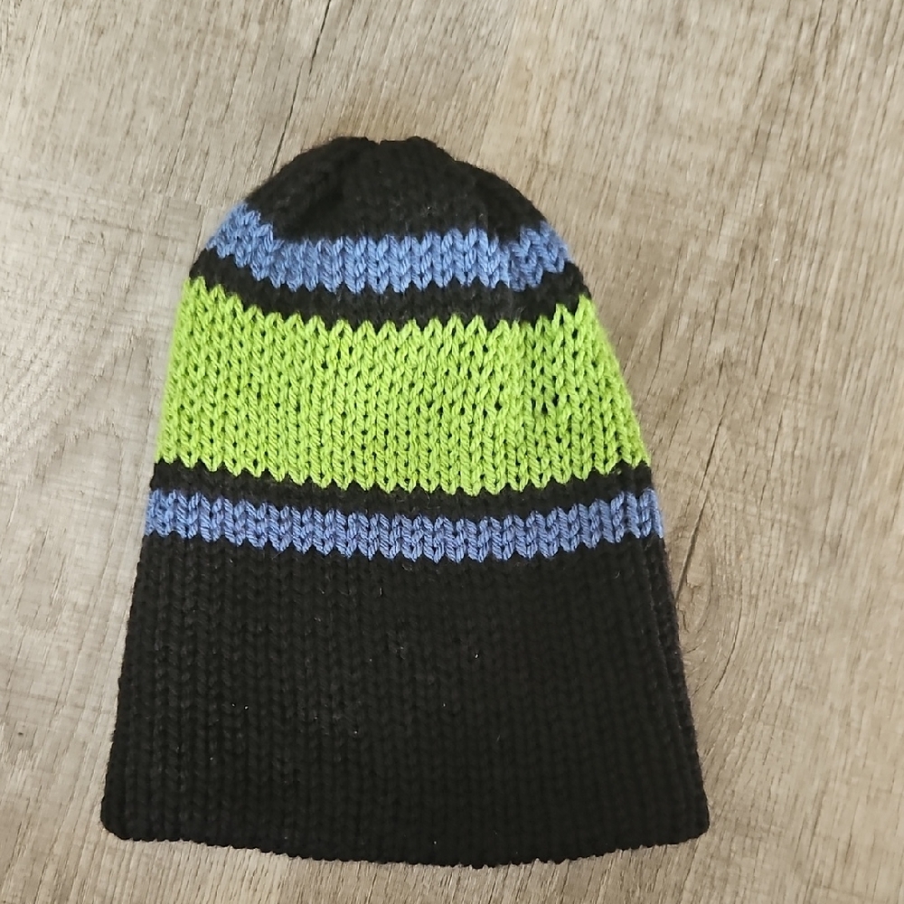 Kids Striped Knit Beanie - Black, Green, and Blue